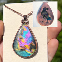Raven / Crow spirit animal necklace, copper and labradorite
