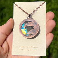Wolf and moon silhouette necklace, labradorite and copper
