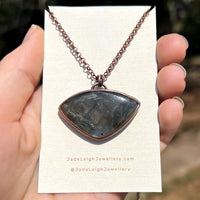 Bat silhouette necklace, labradorite and copper