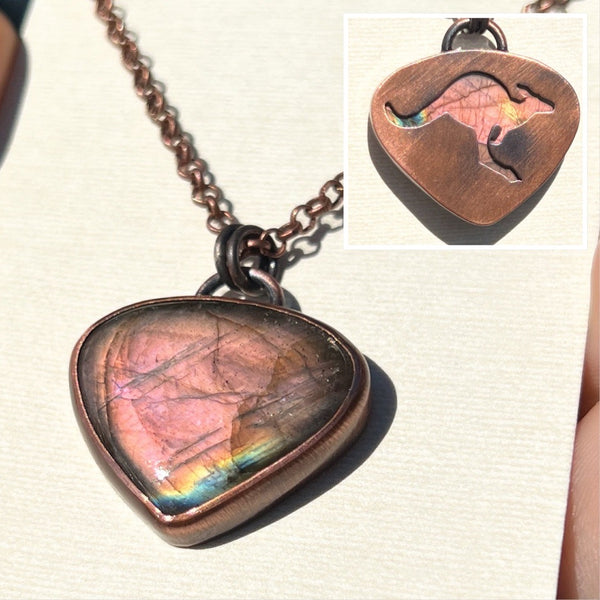 Kangaroo spirit animal necklace, copper and labradorite