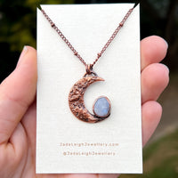 Crescent moon moonstone pendant, copper