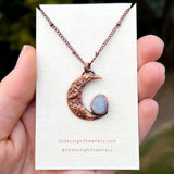Crescent moon moonstone pendant, copper