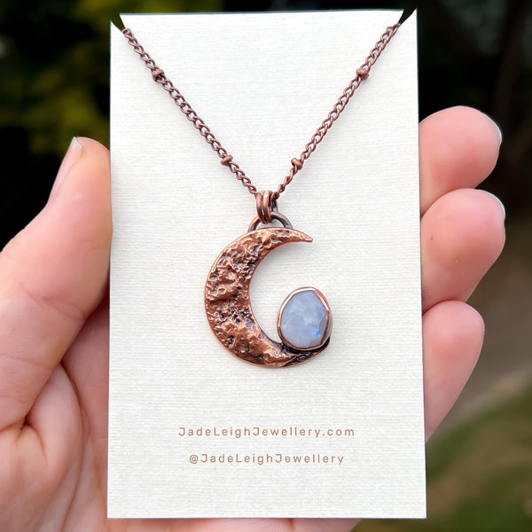 Crescent moon moonstone pendant, copper