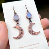 Crescent moon moonstone earrings, copper