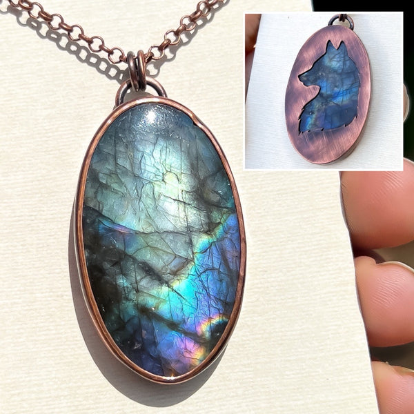 Wolf spirit animal necklace, copper and labradorite