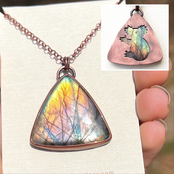 Koala silhouette necklace, labradorite and copper