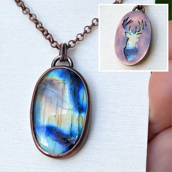 Stag silhouette necklace, labradorite and copper