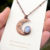Crescent moon moonstone pendant, copper