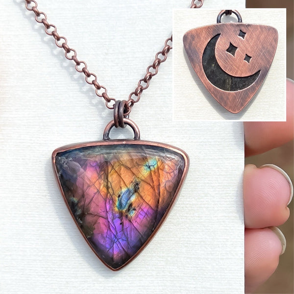 Moon & stars necklace, copper and labradorite