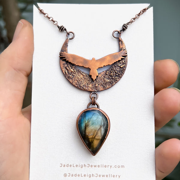 Wedge tailed eagle moon necklace, copper & labradorite