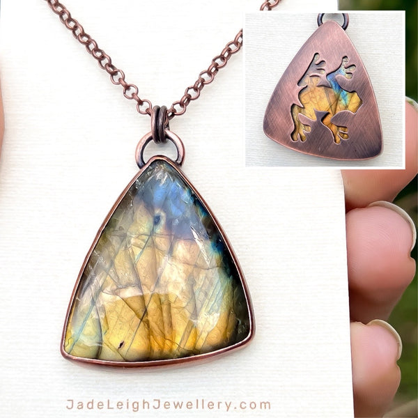 Frog spirit animal necklace, copper and labradorite