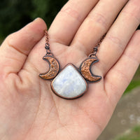 Moonstone triple moon goddess necklace, copper