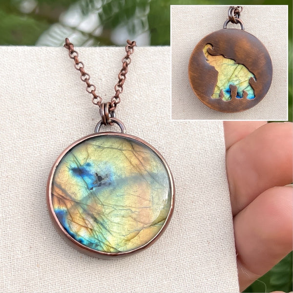 Elephant silhouette necklace, labradorite and copper