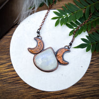 Moonstone triple moon goddess necklace, copper