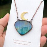 Copper labradorite dragon crescent moon pendant