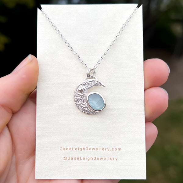 Aquamarine textured crescent moon pendant