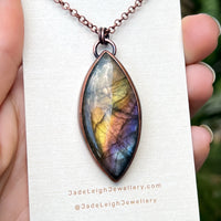 Feather silhouette necklace, labradorite and copper