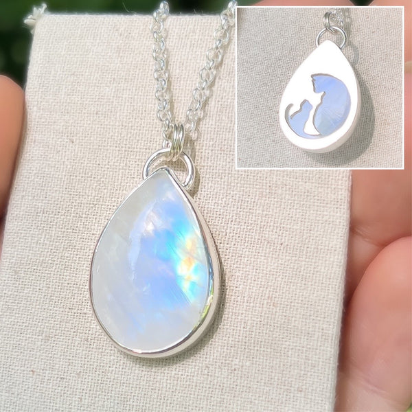 Cat and kitten necklace, moonstone and sterling silver