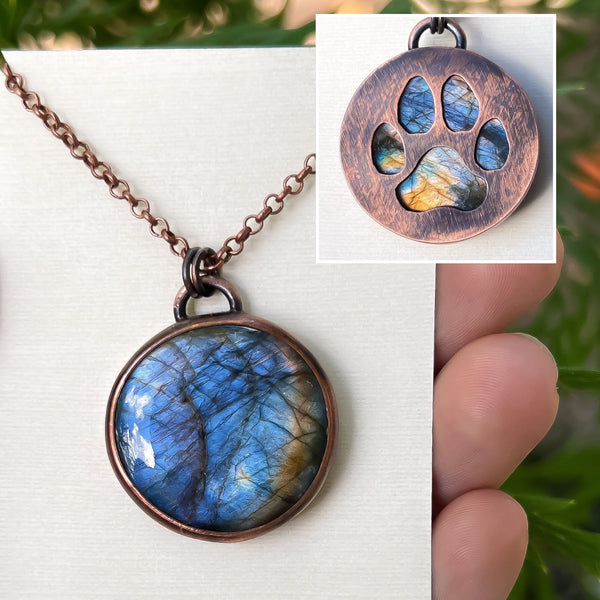 Dog paw print silhouette necklace, labradorite and copper
