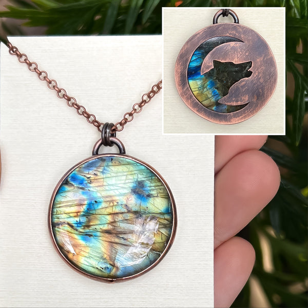 Wolf and moon silhouette necklace, labradorite and copper