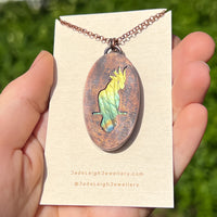 Cockatoo silhouette necklace, labradorite and copper