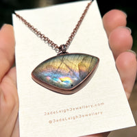 Bat silhouette necklace, labradorite and copper