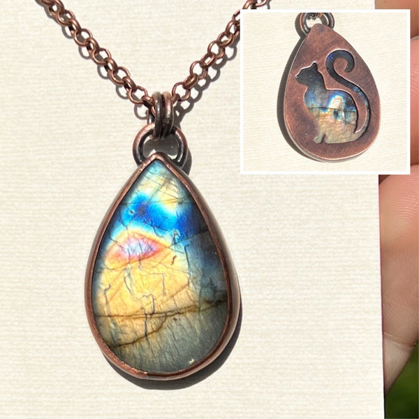 Cat silhouette necklace, labradorite and copper