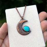 Blue moon turquoise crescent moon pendant, copper