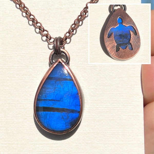 Turtle spirit animal necklace, copper and labradorite