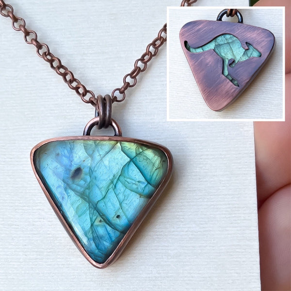 Kangaroo spirit animal necklace, copper and labradorite