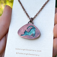 Cat stretching silhouette necklace, labradorite and copper