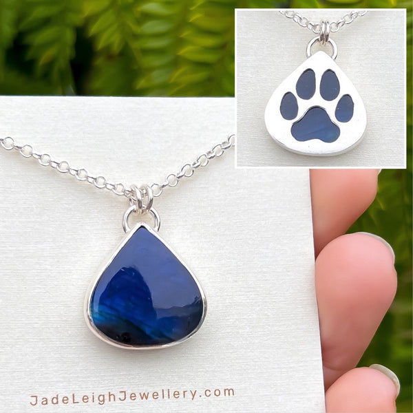 Dog paw necklace, labradorite & sterling silver