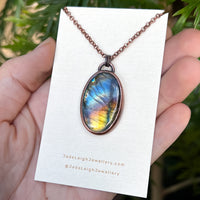 Owl spirit animal necklace, copper and labradorite