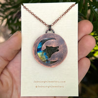 Wolf and moon silhouette necklace, labradorite and copper