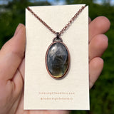 Owl spirit animal necklace, copper and labradorite