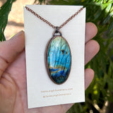 Cockatoo silhouette necklace, labradorite and copper