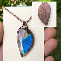 Dandelion wish silhouette necklace, copper and labradorite