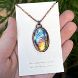 Owl spirit animal necklace, copper and labradorite