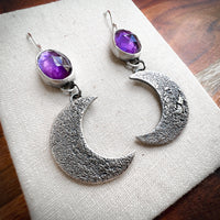 Amethyst textured crescent moon earrings