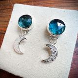 Teal kyanite and crescent moon charm earrings