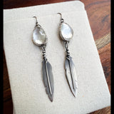 Feather and clear quartz earrings, sterling silver