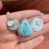 Larimar necklace with crescent moons & moonstones