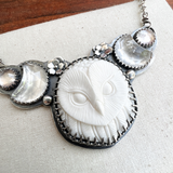 Moon phase owl necklace with rose quartz