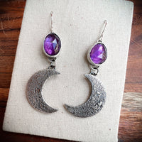 Amethyst textured crescent moon earrings