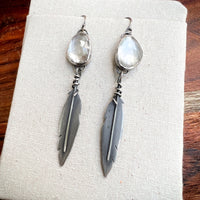 Feather and clear quartz earrings, sterling silver