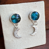 Teal kyanite and crescent moon charm earrings